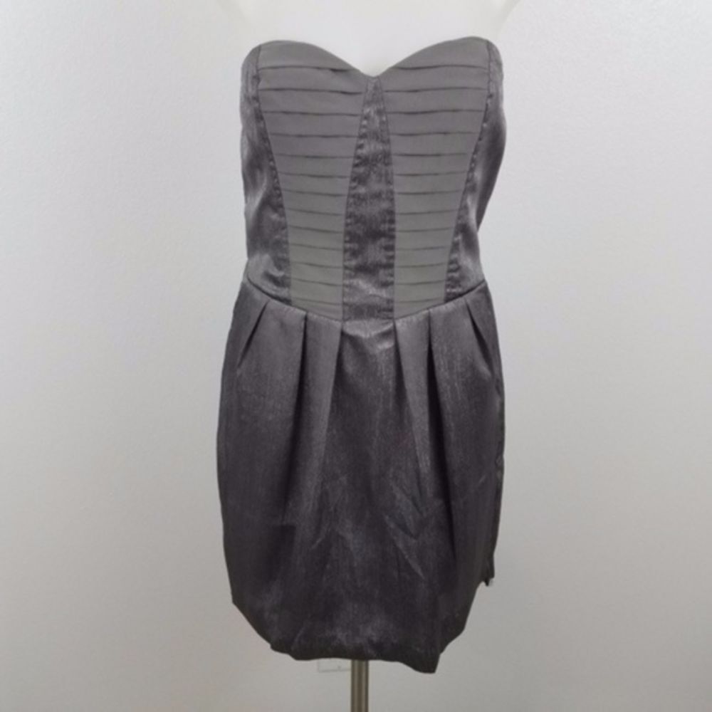 BCBGeneration Dress Silver Gray S Strapless Pleated Formal Prom Satin